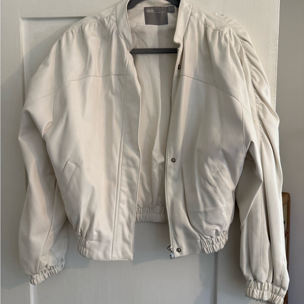 asos ruched sleeve white faux leather bomber Women's Motorcycle Jacket